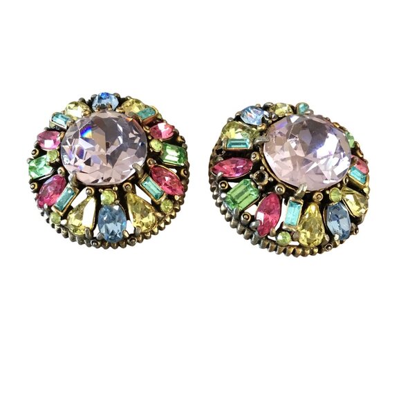 HOLLYCRAFT 1955 Vintage Rainbow Rhinestone Clip Earrings Pastel Statement - Picture 3 of 9